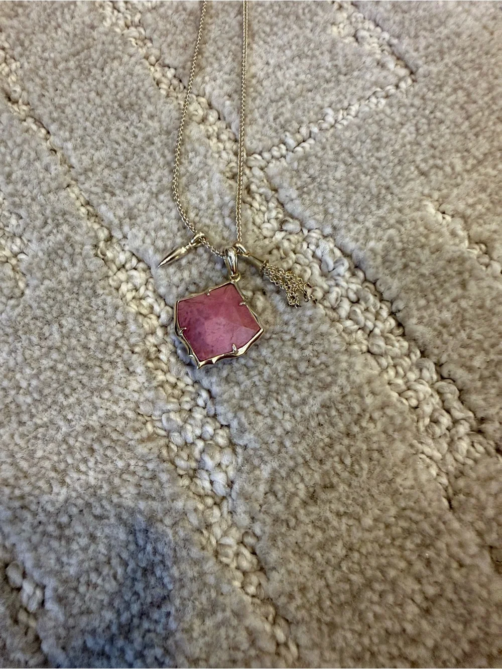 Gold-Tone Necklace with Pink Stone Pendant and Tassel